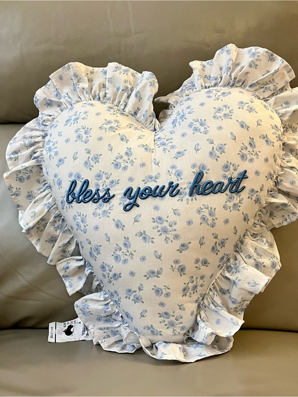 🩵 Bless Your Heart embroidered heart shaped ruffle pillow in blue & white floral